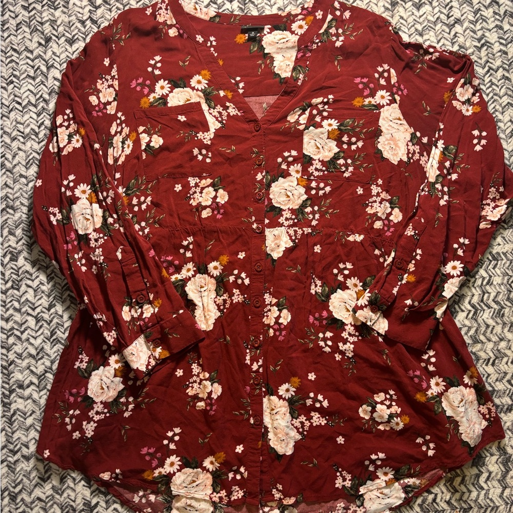 torrid Like New Burgundy Floral Spring Summer Easter Blouse Women’s 3X